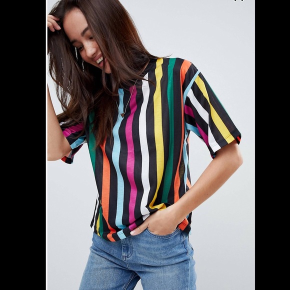 2/$20 ASOS Multicolored Rainbow Striped Boxy Tee - Picture 1 of 6
